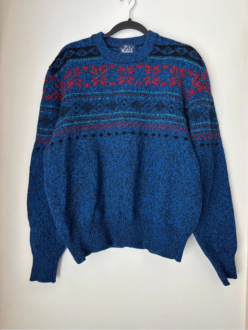 Woolrich Vintage Fair Isle Sweater Men’s XL Blue Wool Blend Warm Cozy Snow *Flaw